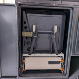 front view of stowed patriot camper x1 bbq table